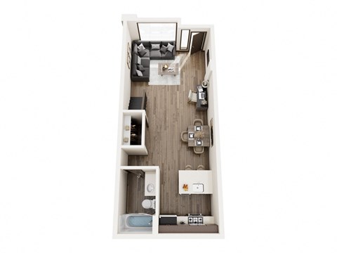 a stylized floor plan with a bedroom and living room